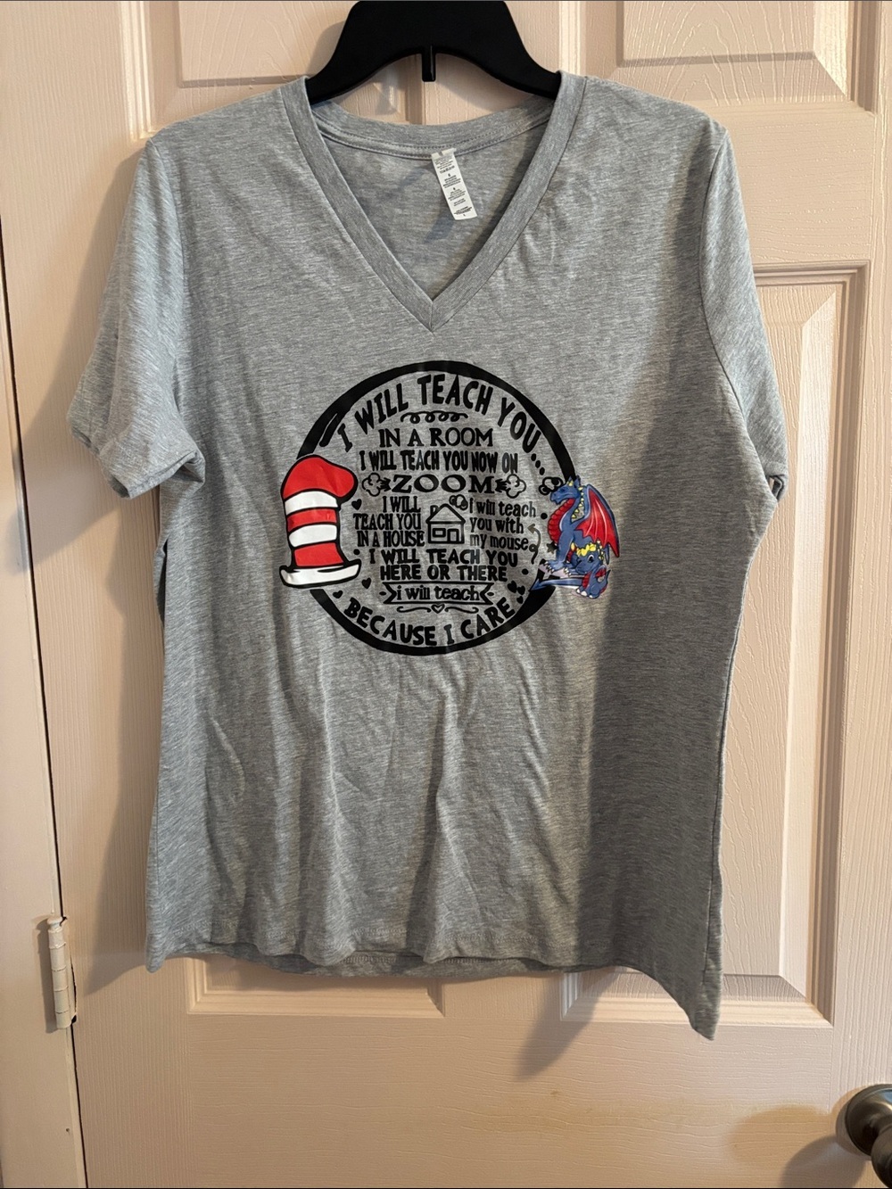 Bella Canvas Gray V-Neck Tee with Red & Blue Graphic